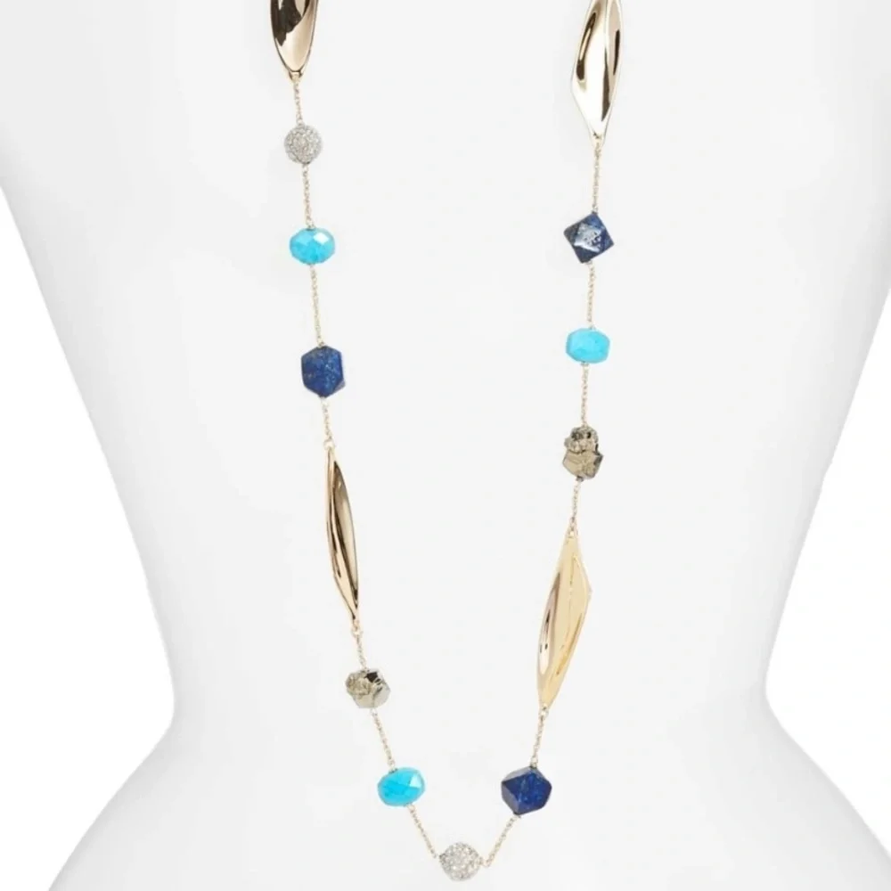 ALEXIS BITTAR NEW Gold Long Lapis Turquoise Pyrite Bead Chain  Gemstone Necklace